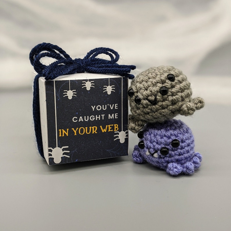 May include: A small gift box tied with a navy blue bow, featuring the text "YOU'VE CAUGHT ME IN YOUR WEB" and spider illustrations. Two crocheted spiders, one gray and one purple, are stacked next to the box. The spiders have black bead eyes.