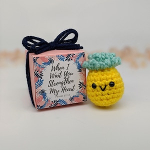May include: A crocheted yellow pineapple with a light blue crown and black eyes and mouth. Beside it is a pink box with a navy blue bow and the text "When I Wait You Strengthen My Heart".
