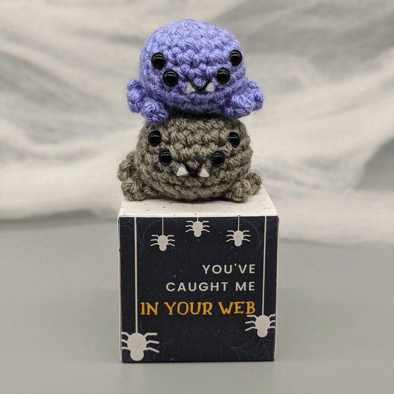May include: Two crocheted spiders, one lavender and one gray, stacked on a box. The box has a dark blue background with white spider illustrations and the text "YOU'VE CAUGHT ME IN YOUR WEB."