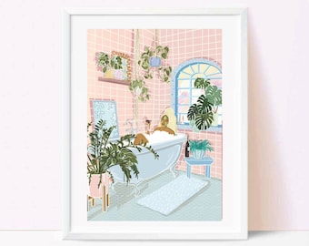 NEW! Pampered Lady in the Bath Print/ Self Love/ Bathroom Print in pink, New colourway!