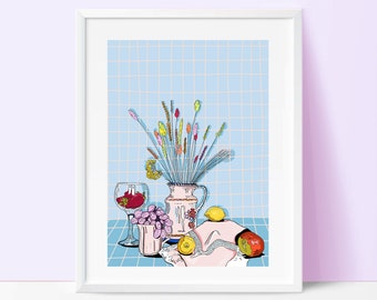 Blue Still Life Illustration/Bold and Graphic Print/ Still Life Art