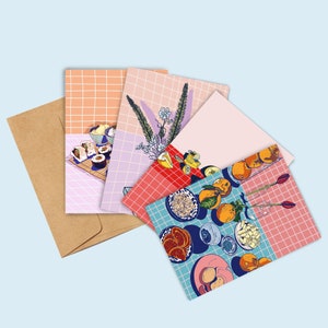 Kaarten wenskaarten/stilleven/bloemenillustratie/voedselkaarten/fruitafdrukken/sushi/verjaardagskaart