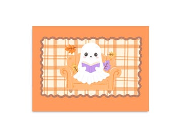 POSTCARD HALLOWEEN / bookish ghost reading pumpkin cute snailmail card postcrossing / onlyhappythings