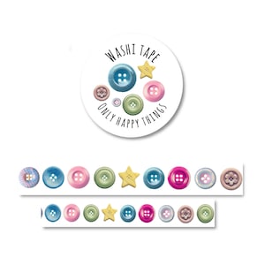 Puede incluir: Cinta adhesiva decorativa con diseños de botones coloridos, incluyendo azul, rosa, verde y una estrella amarilla. Una pegatina redonda en la parte superior dice "Washi Tape" y "Only Happy Things".