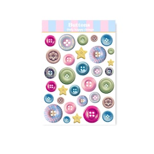 Peut inclure: Une feuille de boutons décoratifs de différentes tailles et couleurs, dont des boutons roses, verts, bleus et en forme d'étoile jaune. La feuille porte le texte "Buttons" et "Only happy things" en haut.