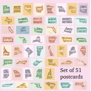 SET CARTOLINE USA / 51 carte stati uniti america mappa illustrata carina cartolina posta lumaca postcrossing / onlyhappythings