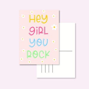 CARTOLINA / hey ragazza sei rock vibrazioni positive citazione fiori mano postcrossing / onlyhappythings