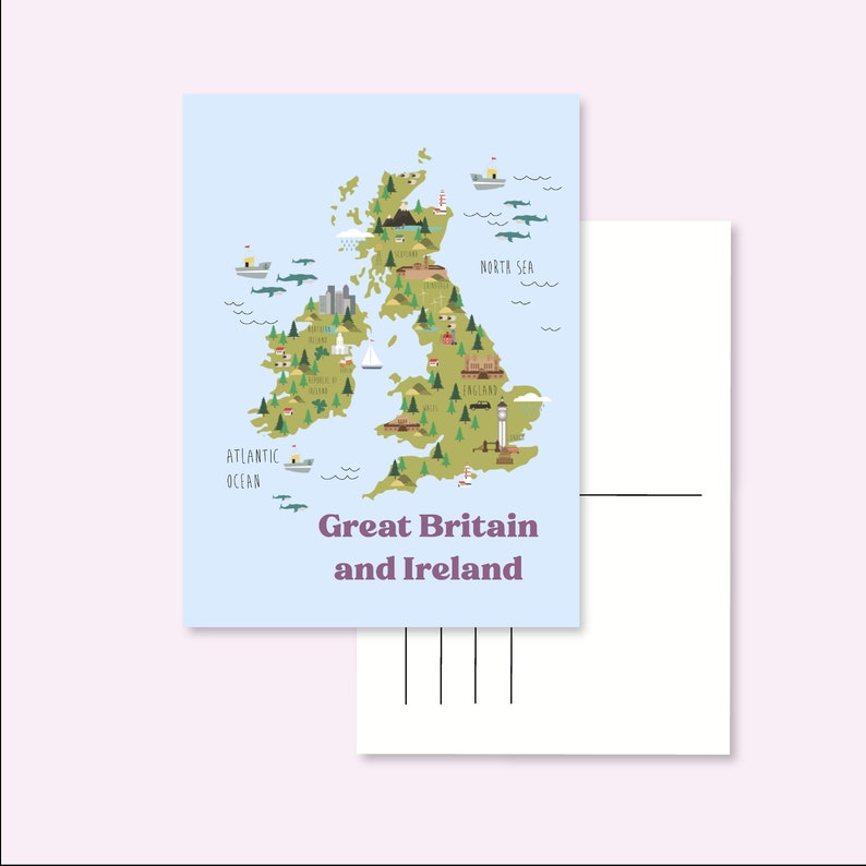 CARTÃO POSTAL GRÃ-BRETANHA / reino unido irlanda reino unido mapa ilustrado cartão postal fofo postcrossing / onlyhappythings imagem 1