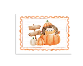 POSTCARD AUTUMN HEDGEHOG / fall pumpkin cute snailmail card postcrossing / onlyhappythings