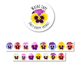 Könnte beinhalten: Washi Tape mit einem floralen Design mit einer gelben, violetten und rosa Stiefmütterchen. Der Text "Washi Tape Only Happy Things" ist auf einen weißen Kreis gedruckt.