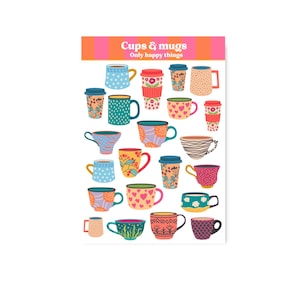 Op de afbeelding: Een verzameling kleurrijke kopjes en mokken met verschillende patronen, waaronder stippen, bloemmotieven en harten. De afbeelding bevat de tekst "Cups & mugs" en "Only happy things".