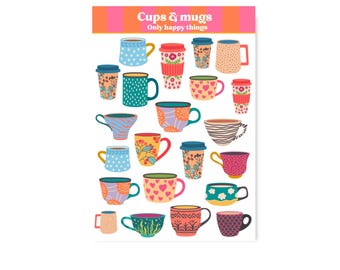 STICKERSHEET CUPS MUGS / tea time stickers coffee tea pot snailmail planner bullet journal scrapbook / onlyhappythings