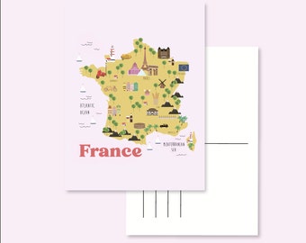 POSTAL FRANCIA / mapa ilustrado linda tarjeta de correo postal postcrossing / onlyhappythings