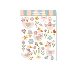 Op de afbeelding: Een stickervel met illustraties van cartoon ganzen, bloemen en strikken. De ganzen staan in verschillende poses, met bloemen- en strikaccenten. De tekst "Cute goose" en "Only happy things" staat bovenaan.