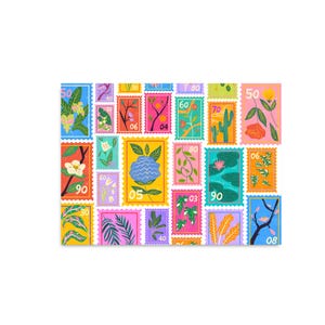 May include: A rectangular print featuring a grid of colorful postage stamps with scalloped edges. Each stamp displays botanical illustrations including flowers, leaves, cacti, and water lilies, with various numbers like 03, 04, 05, 06, 08, 30, 40, 50, 60, 70, 80, and 90.
