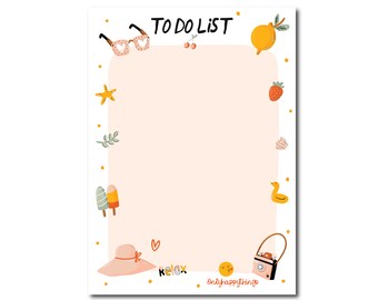 Puede incluir: Un bloc de notas rosa y blanco para la lista de tareas con temática de verano. El bloc de notas tiene un fondo rosa con un borde blanco y está decorado con ilustraciones de gafas de sol, una estrella de mar, un limón, una fresa, una paleta de hielo, un sombrero, una cámara, un pato de goma y una cereza. El texto "TO DO LIST" está escrito en negro en la parte superior del bloc de notas. El texto "Relax" está escrito en naranja en la parte inferior del bloc de notas. El texto "Onlyhappythings" está escrito en negro en la parte inferior del bloc de notas.
