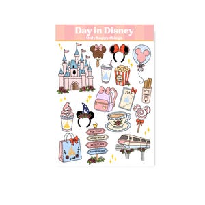 May include: A sticker sheet titled Day in Disney Only happy things featuring colorful illustrations of a castle, mouse ears, popcorn, a backpack, a map, churros, a teacup, a monorail, a signpost with park names, and various snacks in pastel tones.
