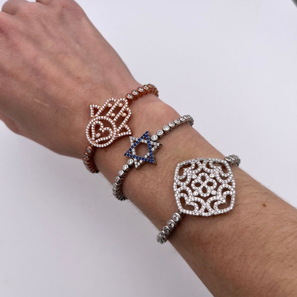 Adjustable Sterling Silver Link Bracelet with either an Open Heart Design, Star of David, or Hamsa Symbol