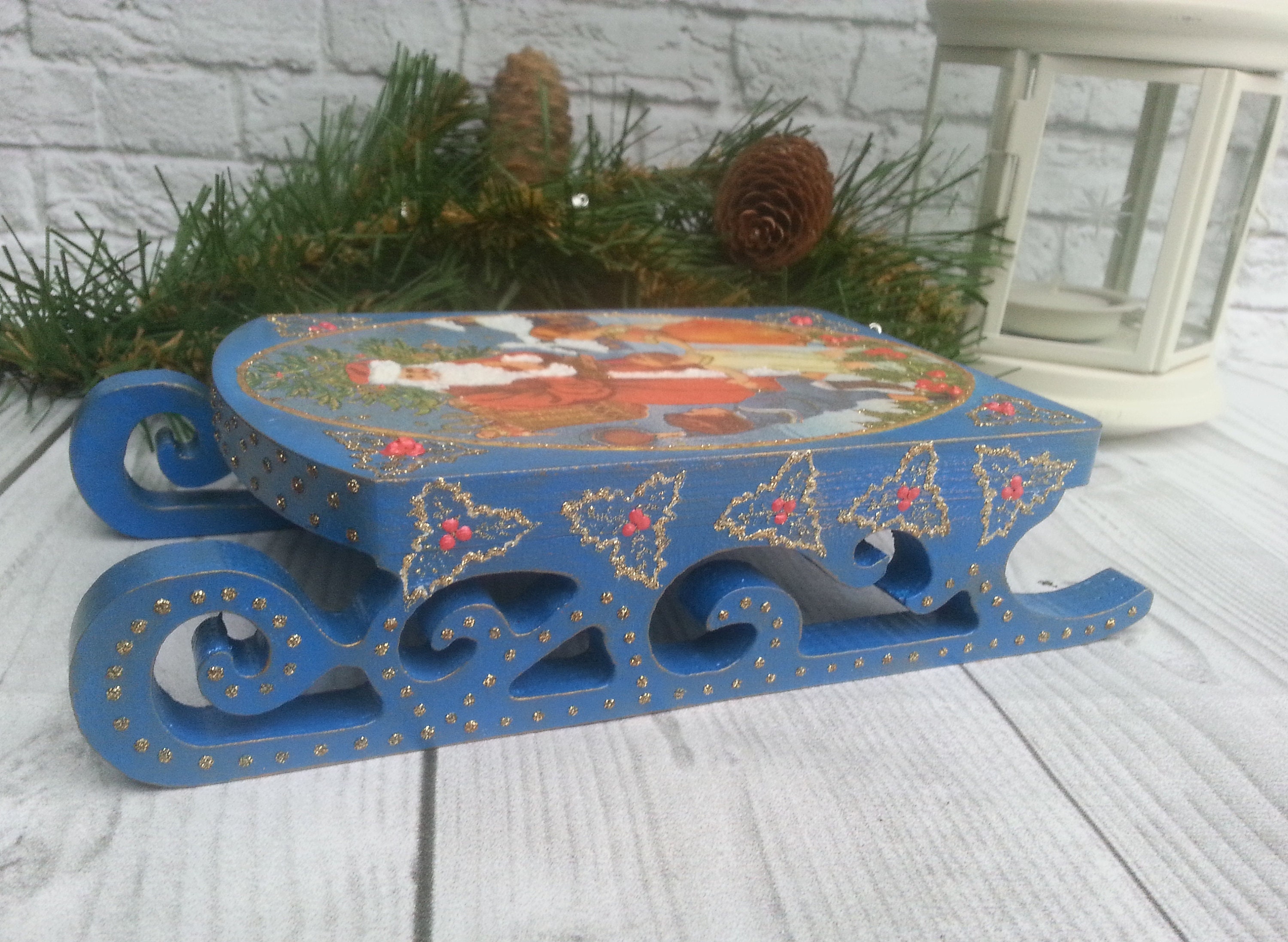 Decorative sled Christmas tree ornament Santa wooden sleigh | Etsy