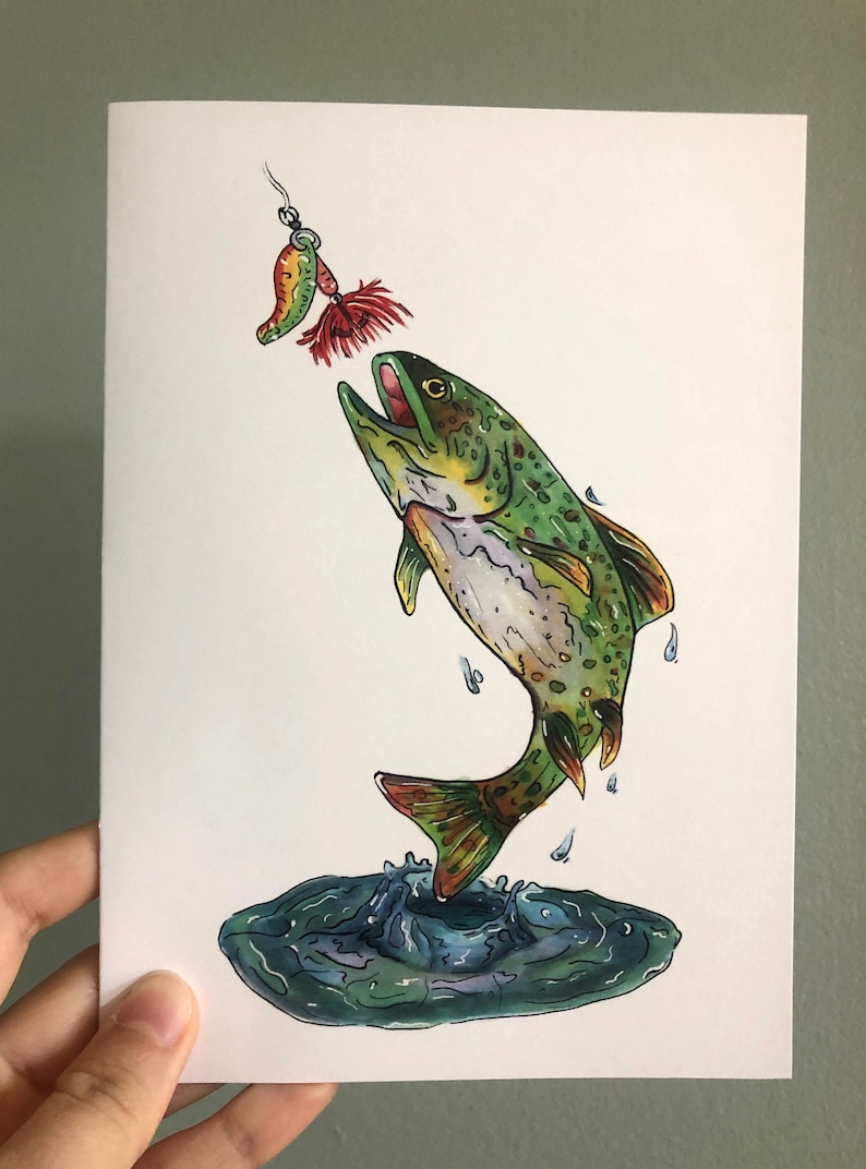 Trout Greeting Card Fishing Art Rainbow Trout Gift for Him What a Catch