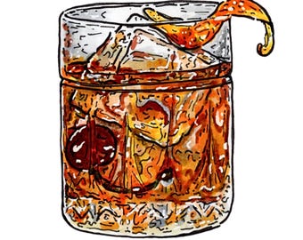 Old Fashioned Cocktail |  Print | Whiskey Art | Drink Painting | Bourbon | Kitchen & Bar | Alcohol Gift For Him |