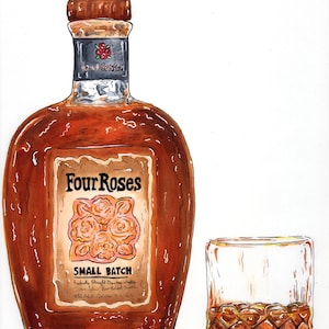 Four Roses Greeting Card | Whiskey Art | Drink Painting | Bourbon | Kitchen & Bar | Alcohol Gift For Him |