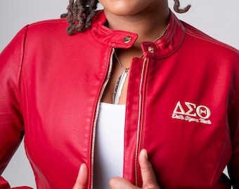 PU Leather Embroidered Delta Sigma Theta Jacket (Crimson)