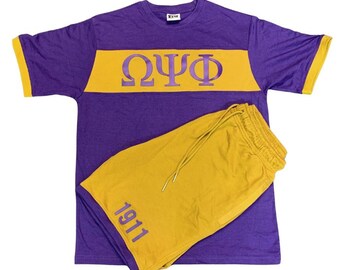 Omega Psi Phi Purple and Gold Color Block Short Set