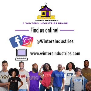 May include: A promotional graphic for Winters Industries featuring the Greek Show Apparel logo, social media icons for Facebook and Instagram, and the website address. Below, eight individuals wear various colored t-shirts with Greek letters.