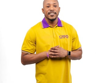 Gold Omega Psi Phi Polo with Purple Collar