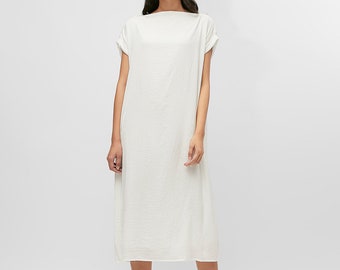 Bonnie Kaftan Dress With Boat Neck Detail - Minimalist Dress - Tea Length Dress