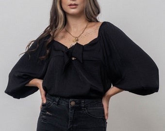 Demi Puff sleeves blouse/Black silk top with knot details/Big puffy sleeves top