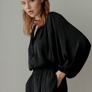 Lexis Black Puff Sleeves Top - Button Up Shirt - Long Sleeves Shirt