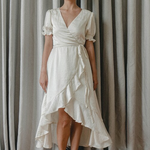 Narcissa Deep V neck Satin Wrap Dress/ Short sleeves wrap dress/High low wrap dress/ Ruffle detail wrap dress