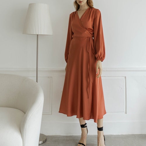Simone Tea Length Dress / Midi Satin Dress / Puff Sleeves | Etsy