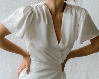 white satin wrap dress