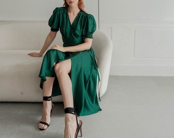 Gigi Emerald Green Wrap Dress / Midi Satin Dress / Puff Sleeves Tea Length