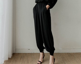 Blair Black Joggers / Satin Loose Fit Pants / Silk Sweat Pants