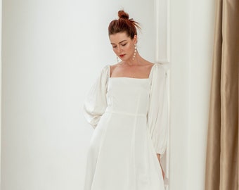 Ready to ship - Stella Floor Length Dress / Puff Sleeves Square neck Dress / Simple Satin Wedding Dress