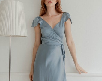 Tracy Dusty Blue Wrap Dress / Knee-length Satin Wrap Dress / Short flutter sleeves Wrap Dress