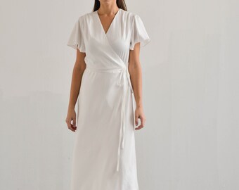 Final Sale - Wendy Tea Length Wrap Dress with Flutter Sleeves Details