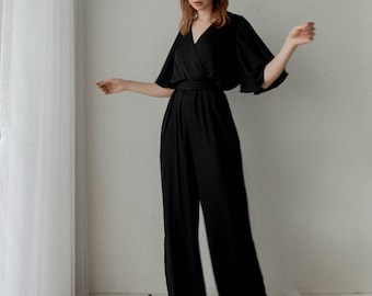 Ziggy Black Long Jumpsuit / Long Wide-legs Jumpsuit / Flutter Sleeves Silk Jumpsuit