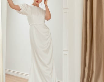 Paula Floor Length Satin Gown with Train / Puff Sleeves Dress / Ruched and Slit detail