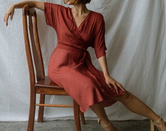 Lily Kimono Sleeve Midi Wrap Dress - Tea Length V-Neck
