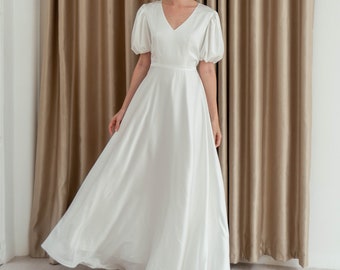 Antonella Floor Length Dress / Puff Sleeves V-neck Dress / Simple Satin Wedding Dress