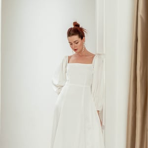 Stella Floor Length Dress / Puff Sleeves Square neck Dress / Simple Satin Wedding Dress