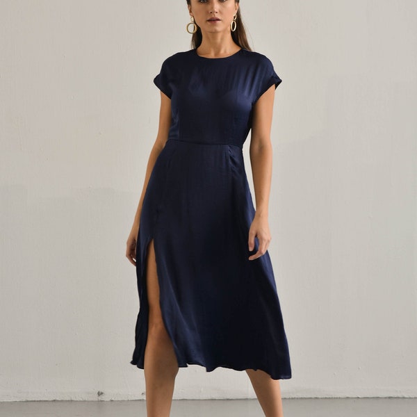 Natalie Slit Tea Length Dress - Navy Blue Short Sleeves Minimalist Dress