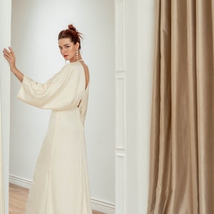 Vivienne Floor Length Dress with Train / Open Back Dress with Kimono Long Sleeves Satin Gown