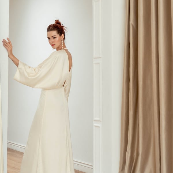 Vivienne Floor Length Dress with Train / Empire Waist Satin Gown / Open Back Dress with Kimono Long Sleeves