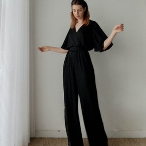 Ziggy Black Long Jumpsuit / Long Wide-legs Jumpsuit / Flutter Sleeves Silk Jumpsuit image 1